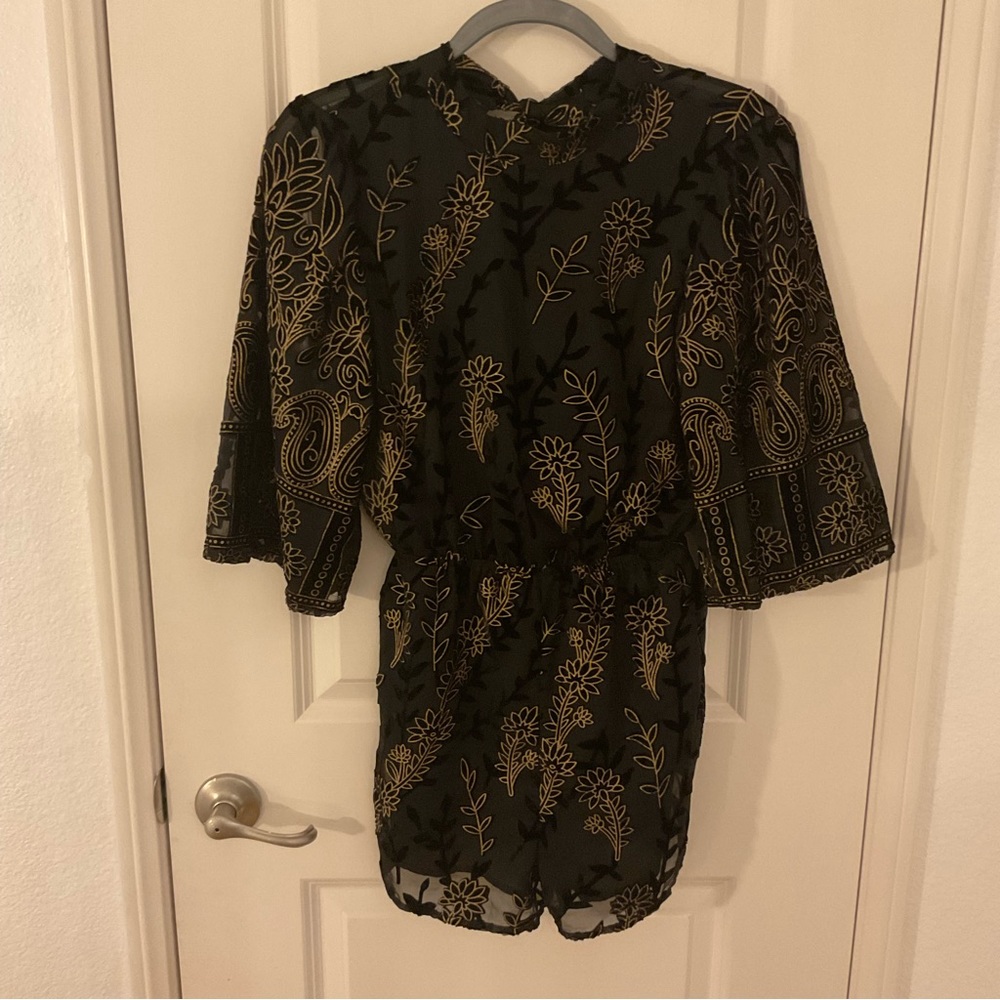 Beautiful Lost+ wander embroidered gold black romper Floral silky size small